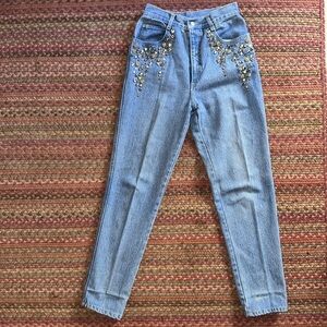VINTAGE GOLD STUDDED JEWELED BEDAZZLED DETAIL HIGH RISE SLIM JEANS